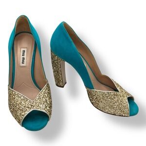 Miu Miu Teal Suede Glitter D'Orsay Peep Toe Pumps Gold Sparkle Heels 36